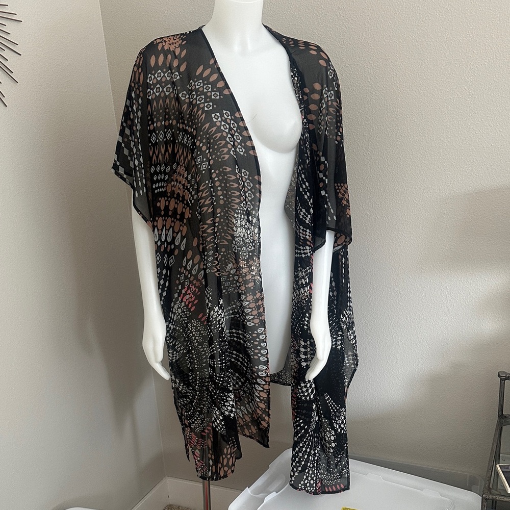 Patrons of Peace Black Sheer Kimono Coverup with Brown and Cream Motif